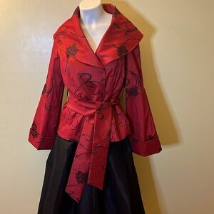 Samuel Dong Belted Brocade Elasticized Coat Red/Black Snap Closure